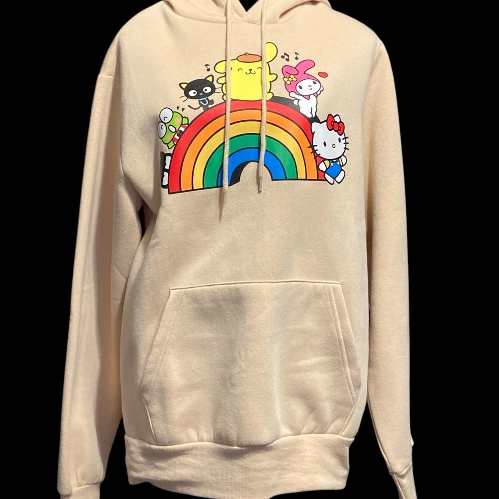 Cream Hello Kitty And Friends Long Sleeve Graphic Hoodie with Rainbow Design